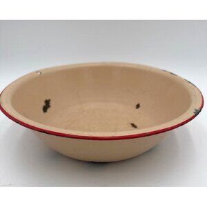 Vtg Cream Enamelware Bowl with Red Trim Wash Basin or Mixing Bowl Farmhouse